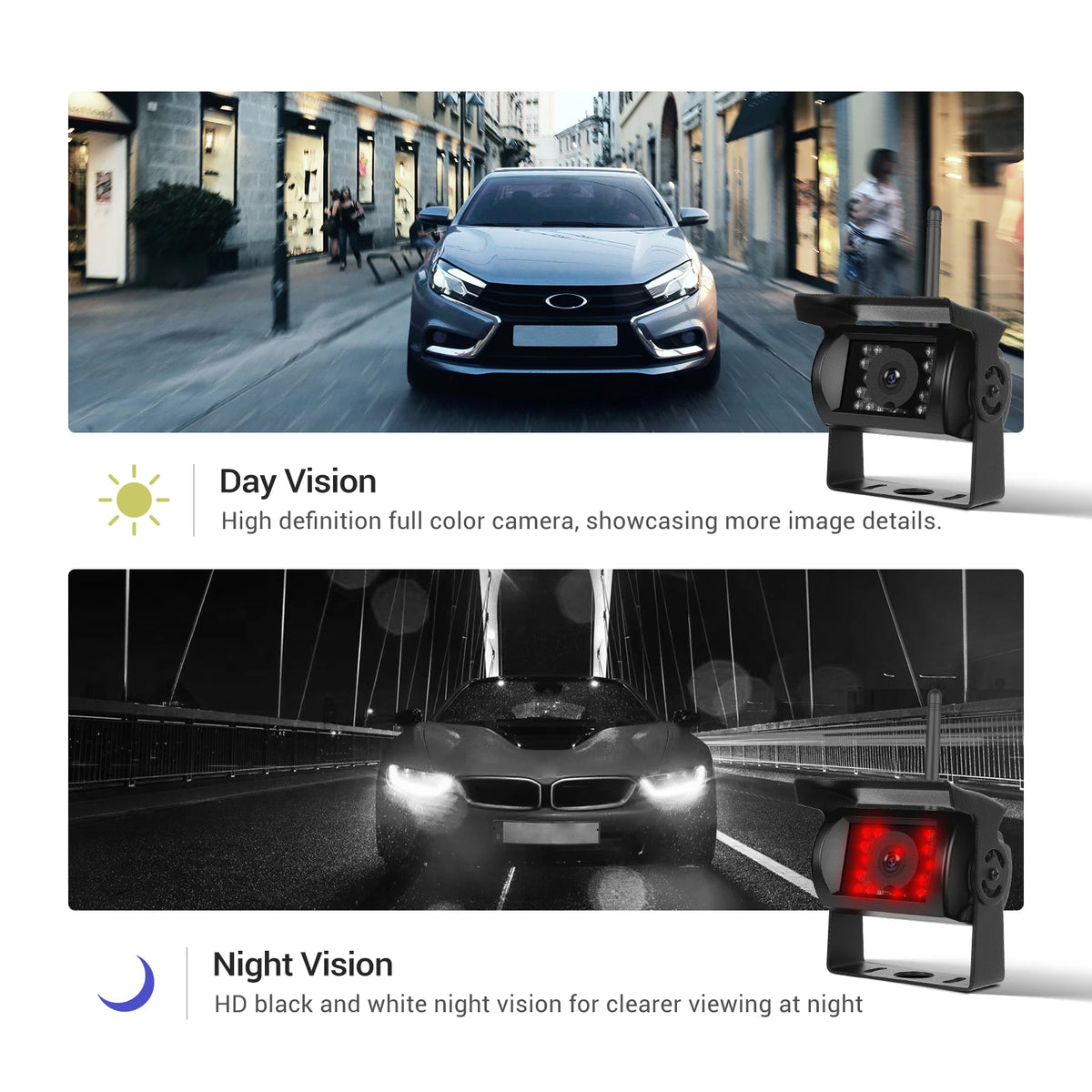 Podofo7 moniteur voiture et caméras arrière sans fil doubles vision nocturne 1080P caméra de recul pour camping-car RV camion bus