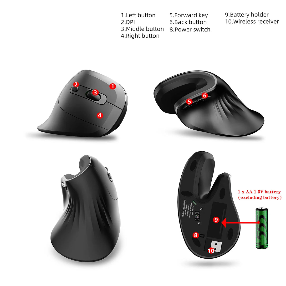 2.4G Wireless Vertical Mouse with Silent Buttons and 3200 DPI