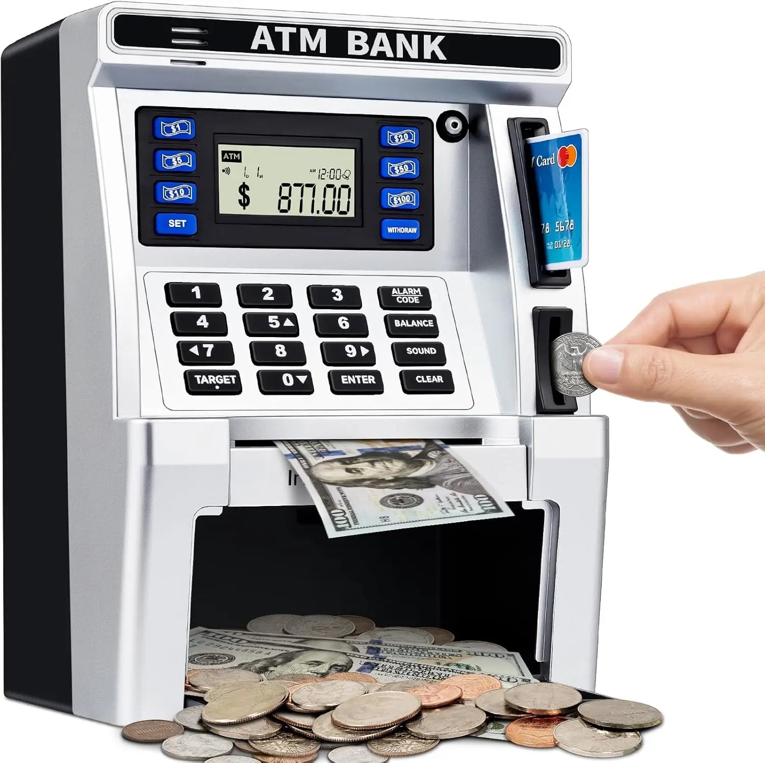 Kids ATM Piggy Bank for Real Money with Debit Card, Bill Feeder, Coin Recognition, Balance Calculator