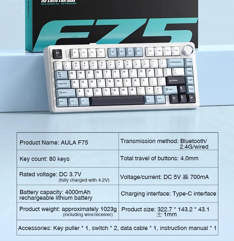 AULA F75 Wireless Mechanical Keyboard RGB 75% Hot Swap 78-Key