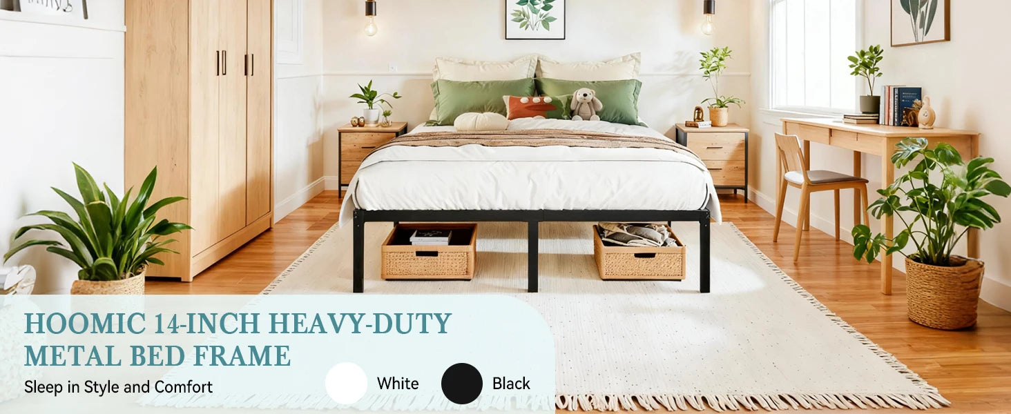 Heavy-Duty Metal Bed Frame with 14" Storage, No Box Spring