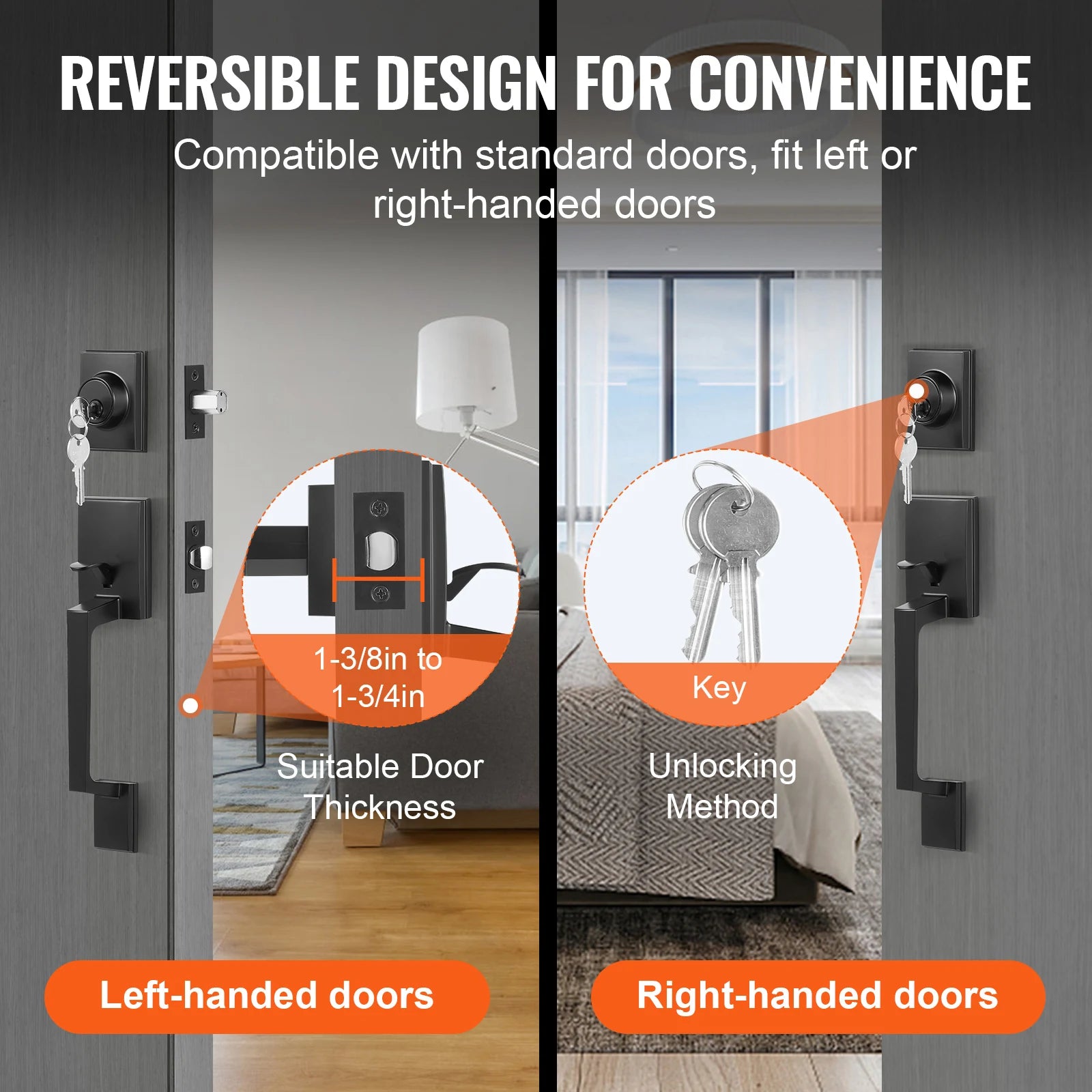 Matte Black Front Door Handle Set with Reversible Lever & Lock