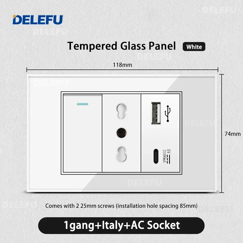 DELEFU White Tempered Glass Italy USB TypeC Fast Charging Wall Socket Schuko Tuya Wifi Smart Switch Sat TV Tel Doorbell Chile
