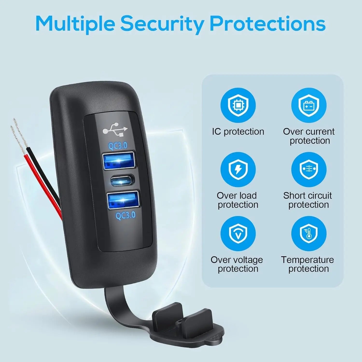Carregador de Carro com 3 Portas, Dupla USB PD QC3.0, Adaptador de Carga Rápida à Prova de Água para Caminhão, Marinha, Motociclo e Acessórios de Carro