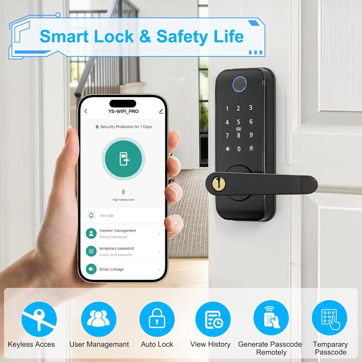 Smart fingeraftryksdør lås med WiFi og 5 sikre adgangsmetoder