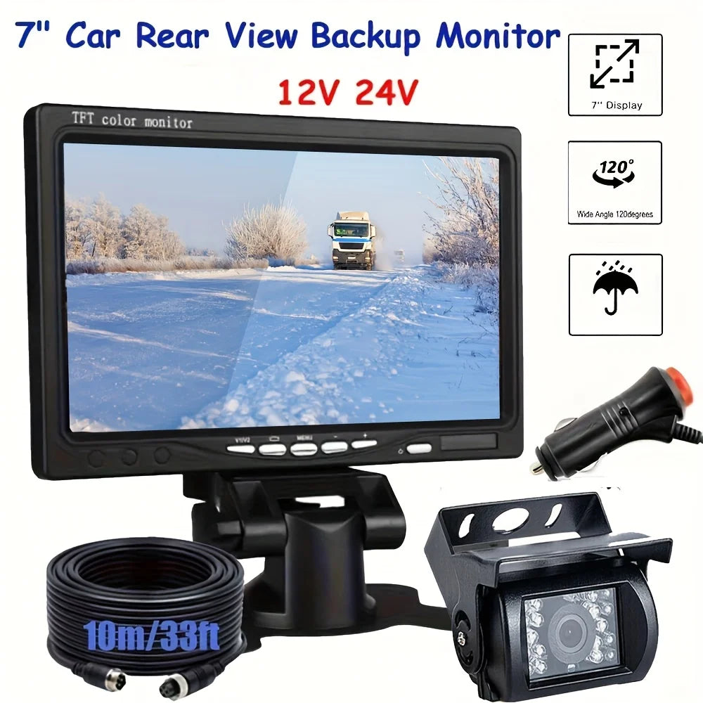 Monitor de 17,78 cm Cable grueso de 4PIN Cámara de marcha atrás para coche 18LED Kit con monitor para RV, autobús, camión, remolque 12V/24V
