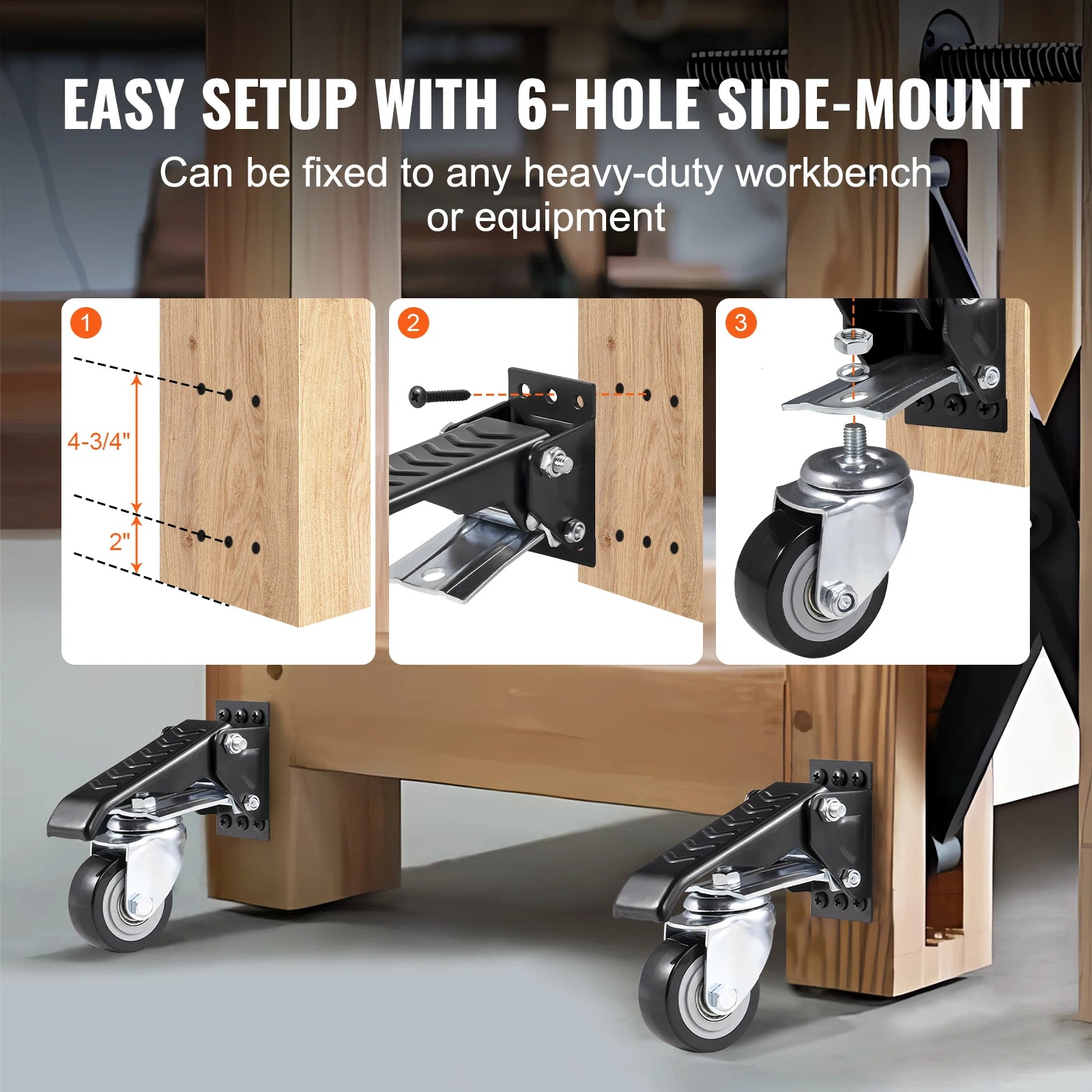 SucceBuy 165lbs 2.5" Set of 4 Workbench Caster Wheels Side Mounted Retractable Stepdown Wheel 360° Swivel for Tables & Equipment