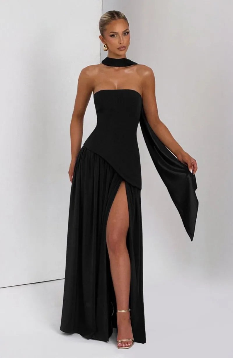Elegant Strapless Floor-Length Women’s Slit Backless Evening Dress