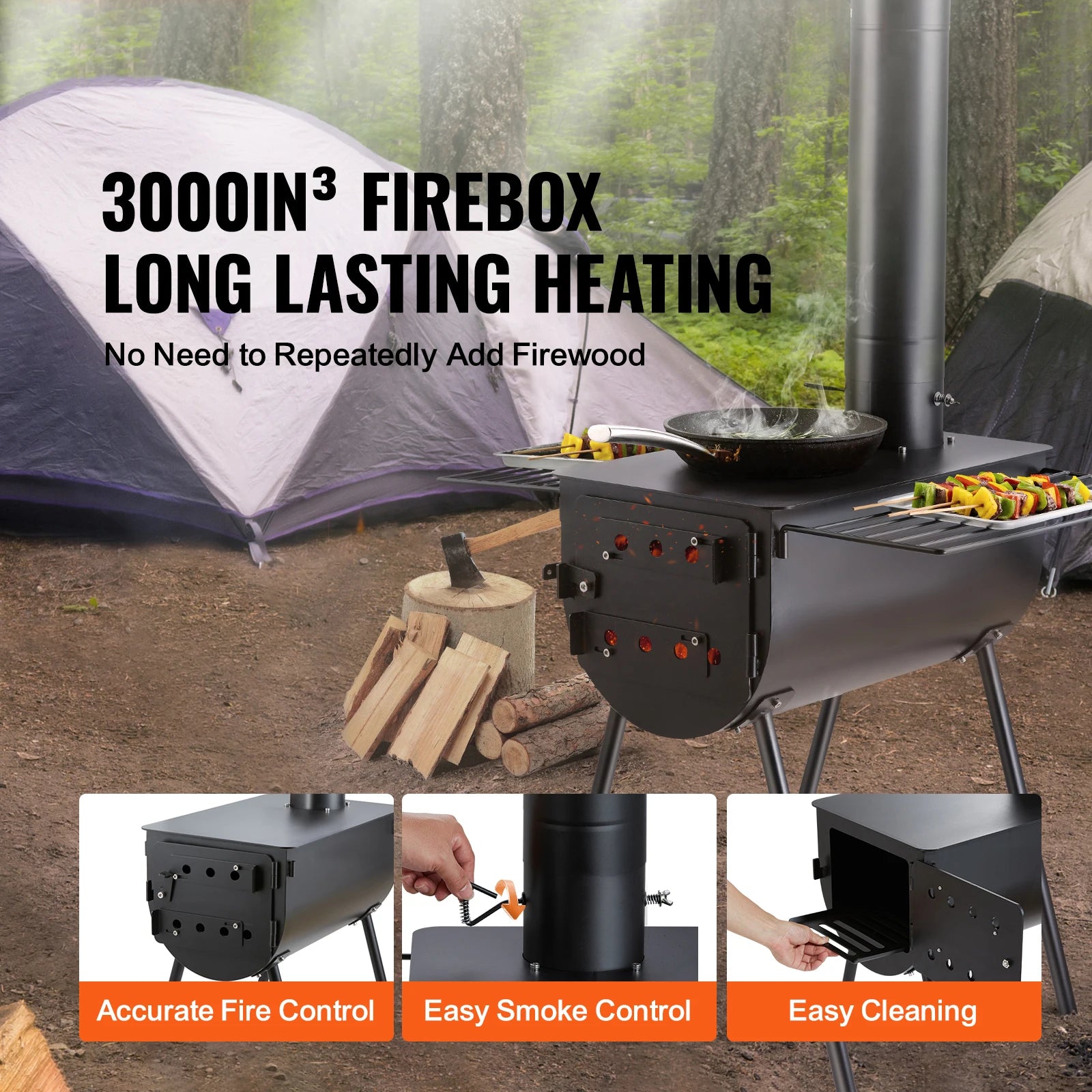 Poêle à bois portable pour camping avec cheminée et étagères de cuisson