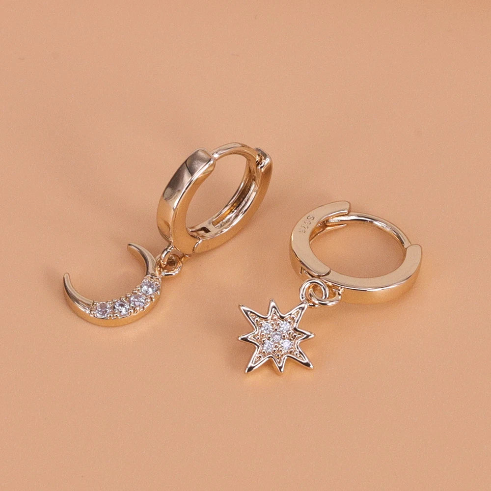 925 Sterling Silver CZ Star Moon Asymmetric Hoop Earrings