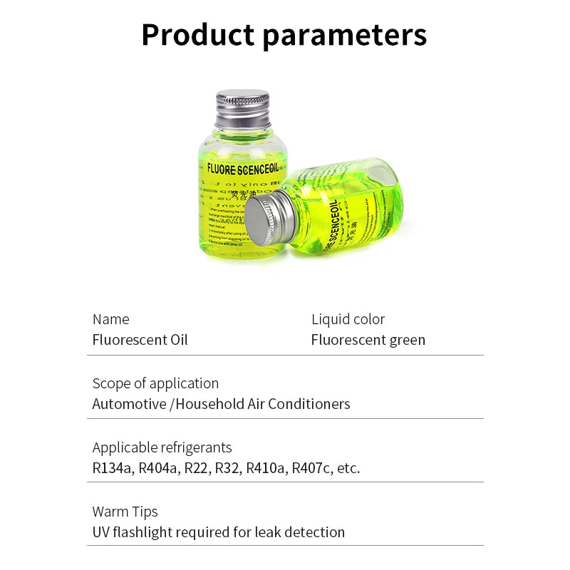 Bilens luftkondition fluorescerande oljedoft UV-ljus läckage detektor spårare för R134a, R1234yf,R404a, R22, R32, R410a köldmedier