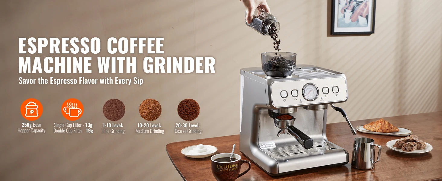 Macchina per espresso da 15 bar con macinacaffè e lancia a vapore