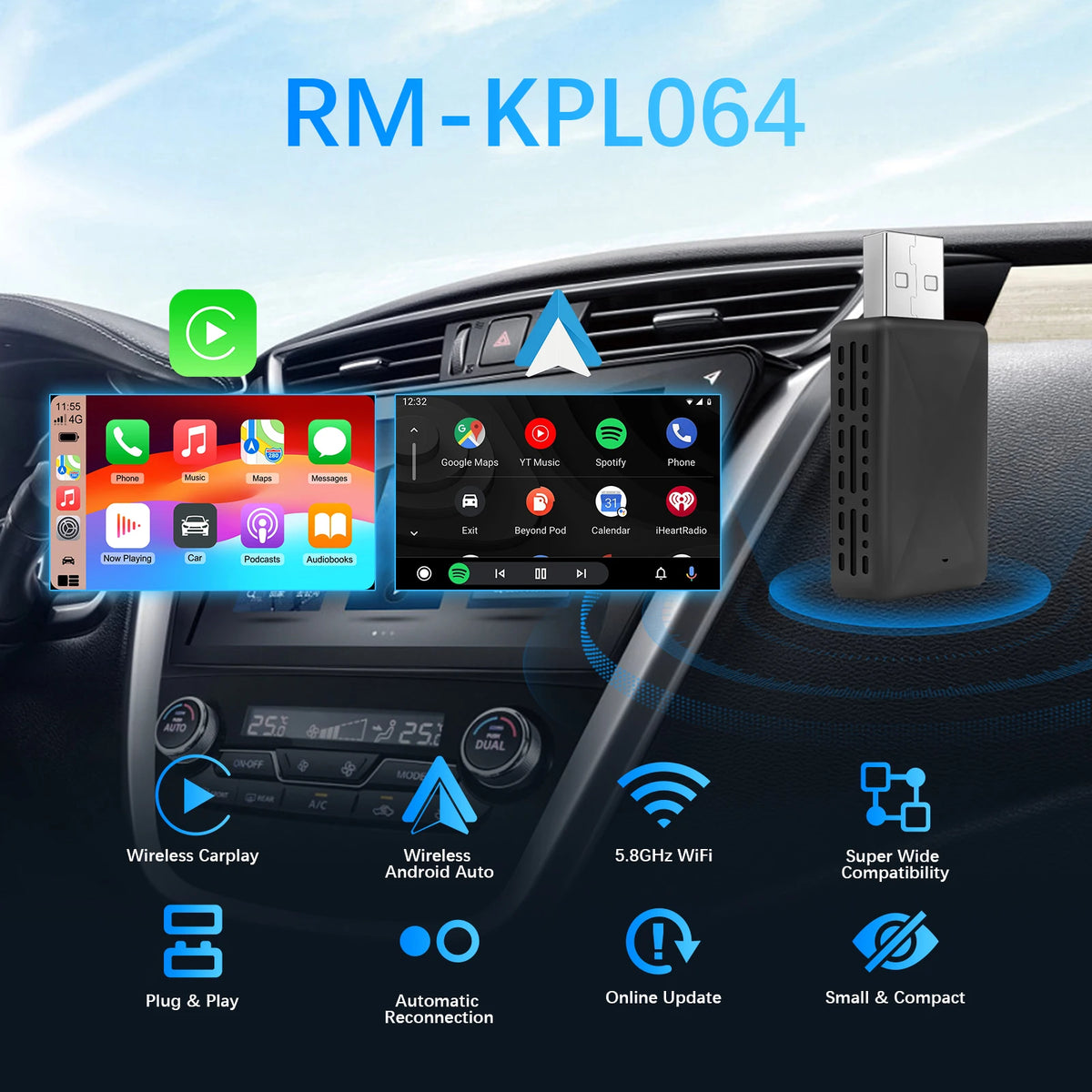 Ezonetronics Trådløs CarPlay Android Auto Adapter til Fabriksforbundet Bil, Trådløs CarPlay & Android Auto 2-i-1