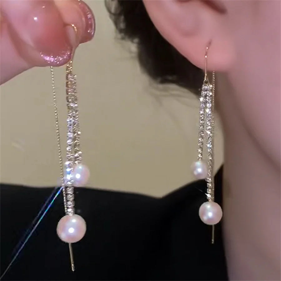Korean Long Tassel Pearl Dangle Earrings for Women