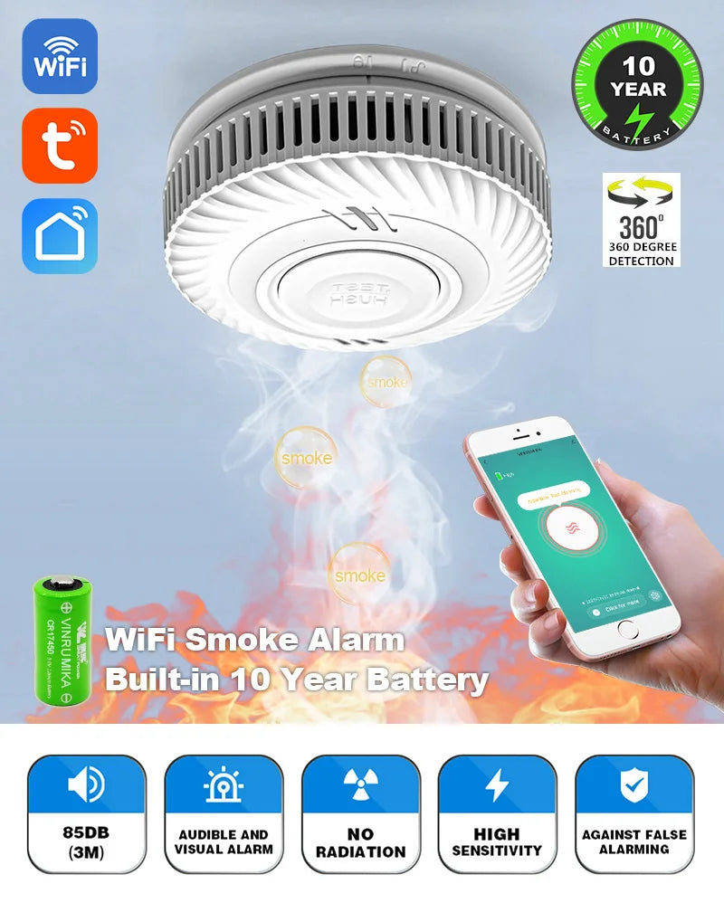 WiFi Tuya Smart Smoke Detector With Built-in 10 Year Lithium Battery For Parlor Room Kitchen Shop Fire Inspection Alarm Sensor
