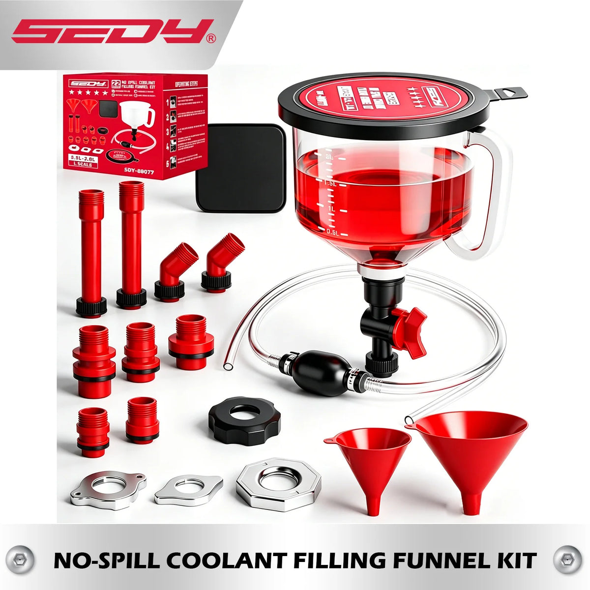 SEDY 22db-spillmentes hűtőközeg töltő tölcsér készlet és szívócső pumpa Radiátor hűtőközeg töltő spill-proof tölcsér készlet adapterekkel
