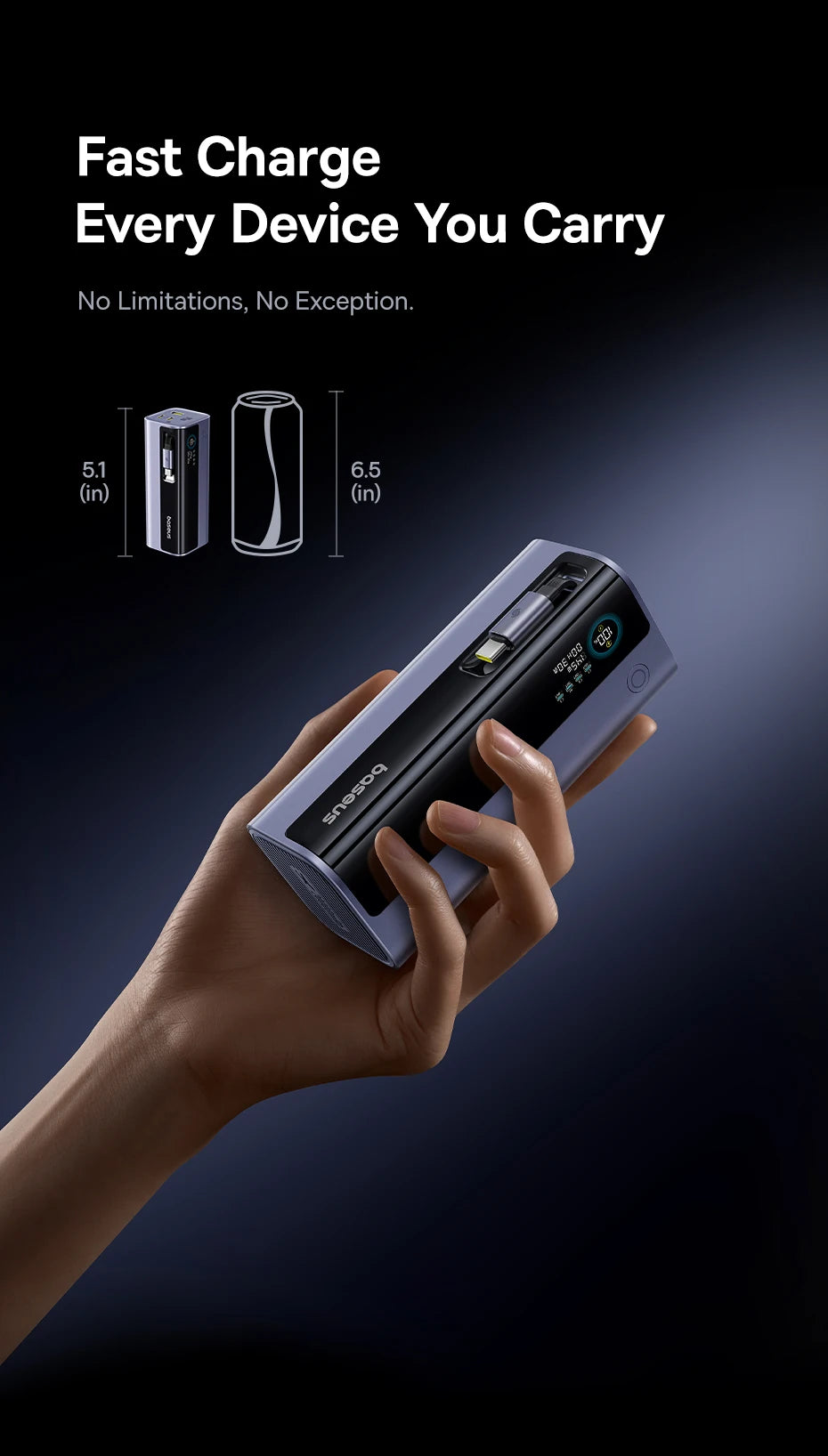 145W Fast Charging Power Bank 20000mAh with Retractable USB-C Cable
