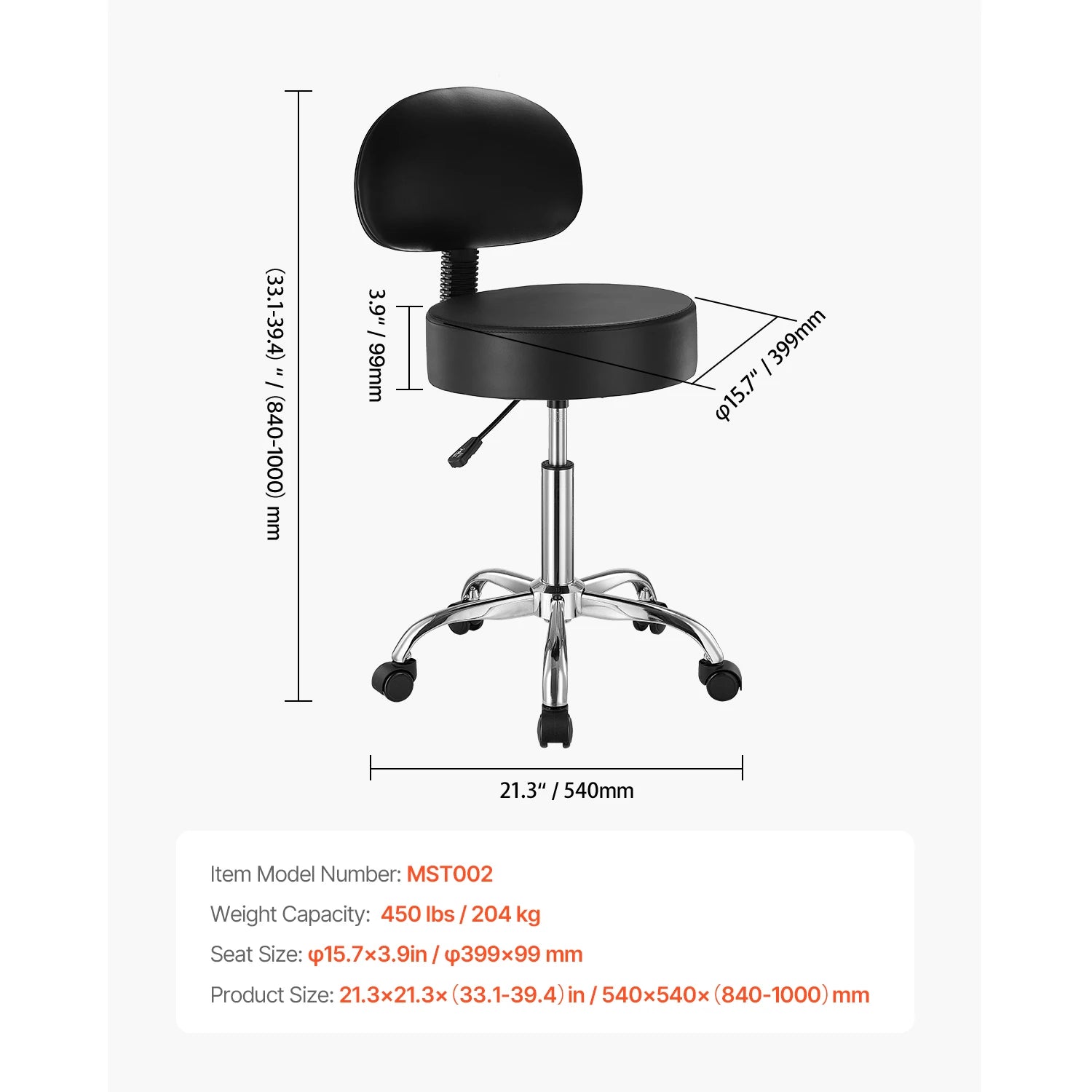 Rolling Stool Chair with Wheels 450 lb Capacity Adjustable Height