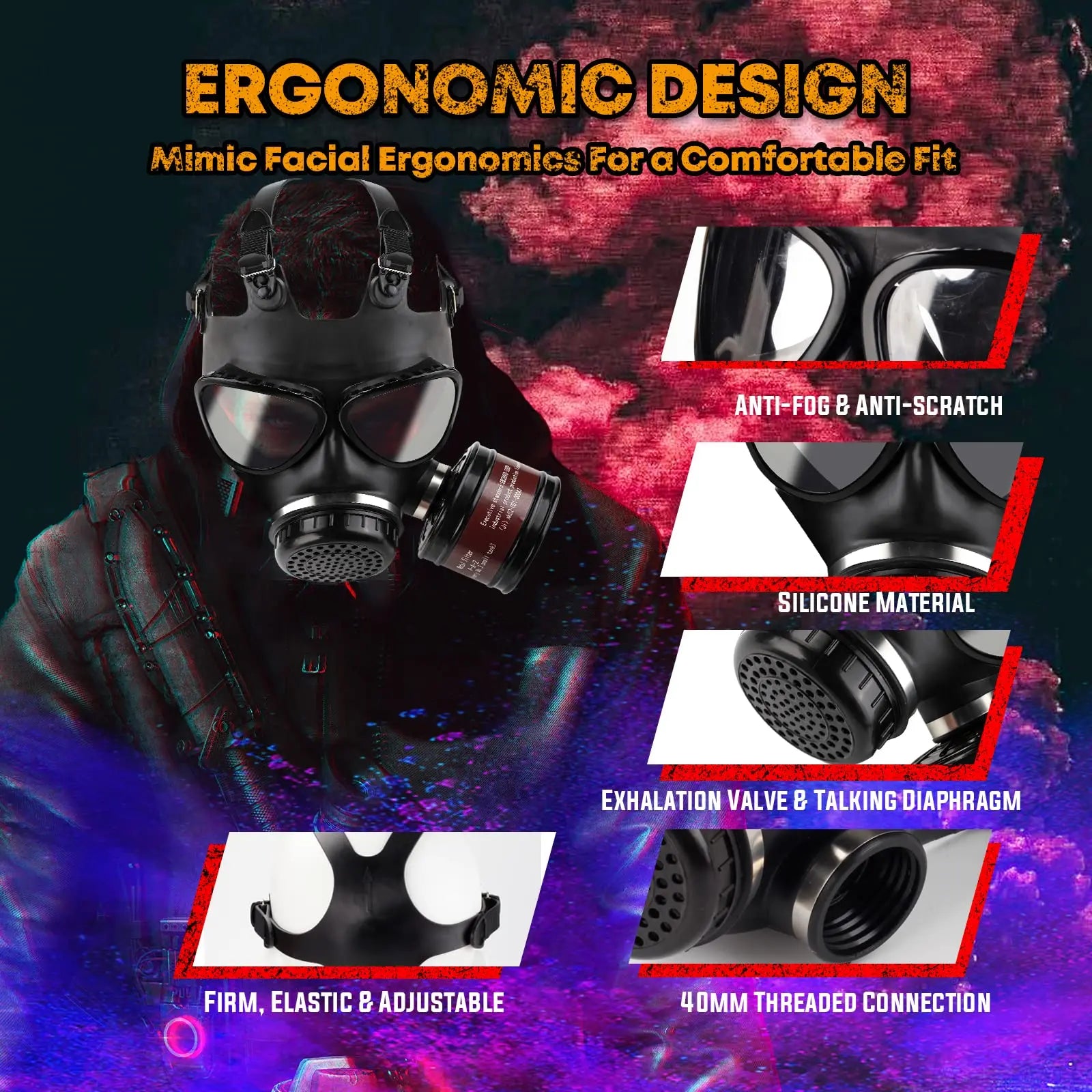Full Face Gas Mask with 40mm Filter and Activated Carbon