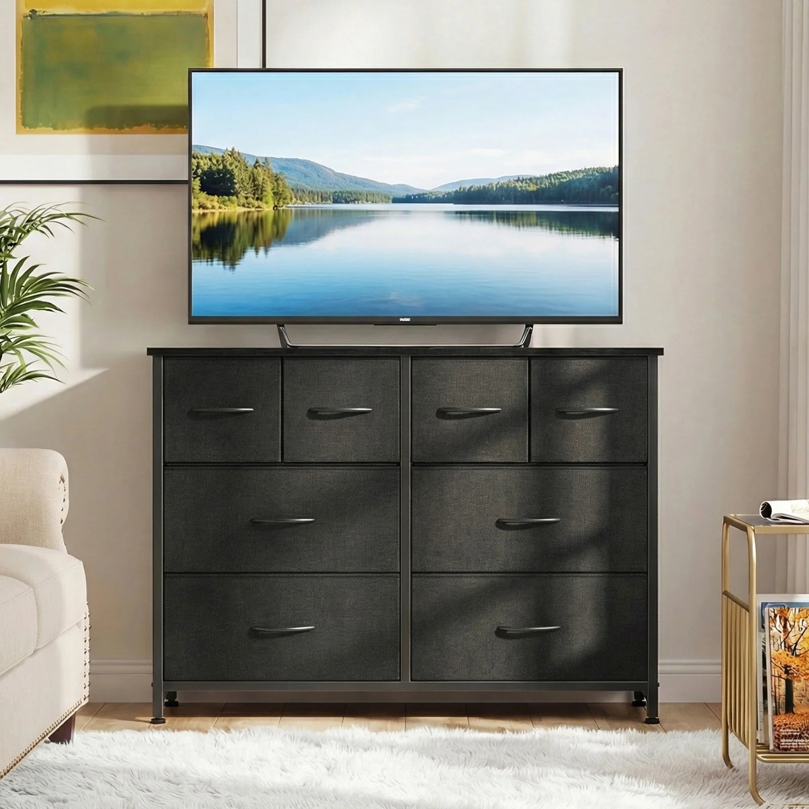 8 Drawer Fabric Dresser TV Stand with Wood Top & Metal Frame