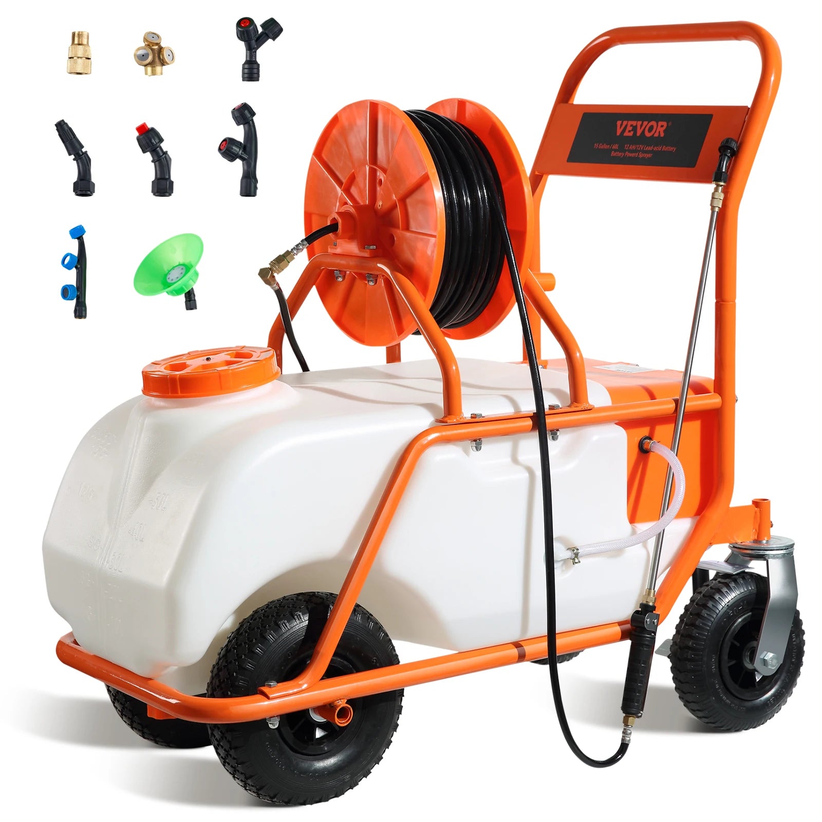 Pompe à lessive powered par batterie de 15 gal agricole à gâchette avec chariot à roues, tuyau de 126 pieds avec enrouleur, 8 gicleurs, 2 manches avec verrouillage pour cultures