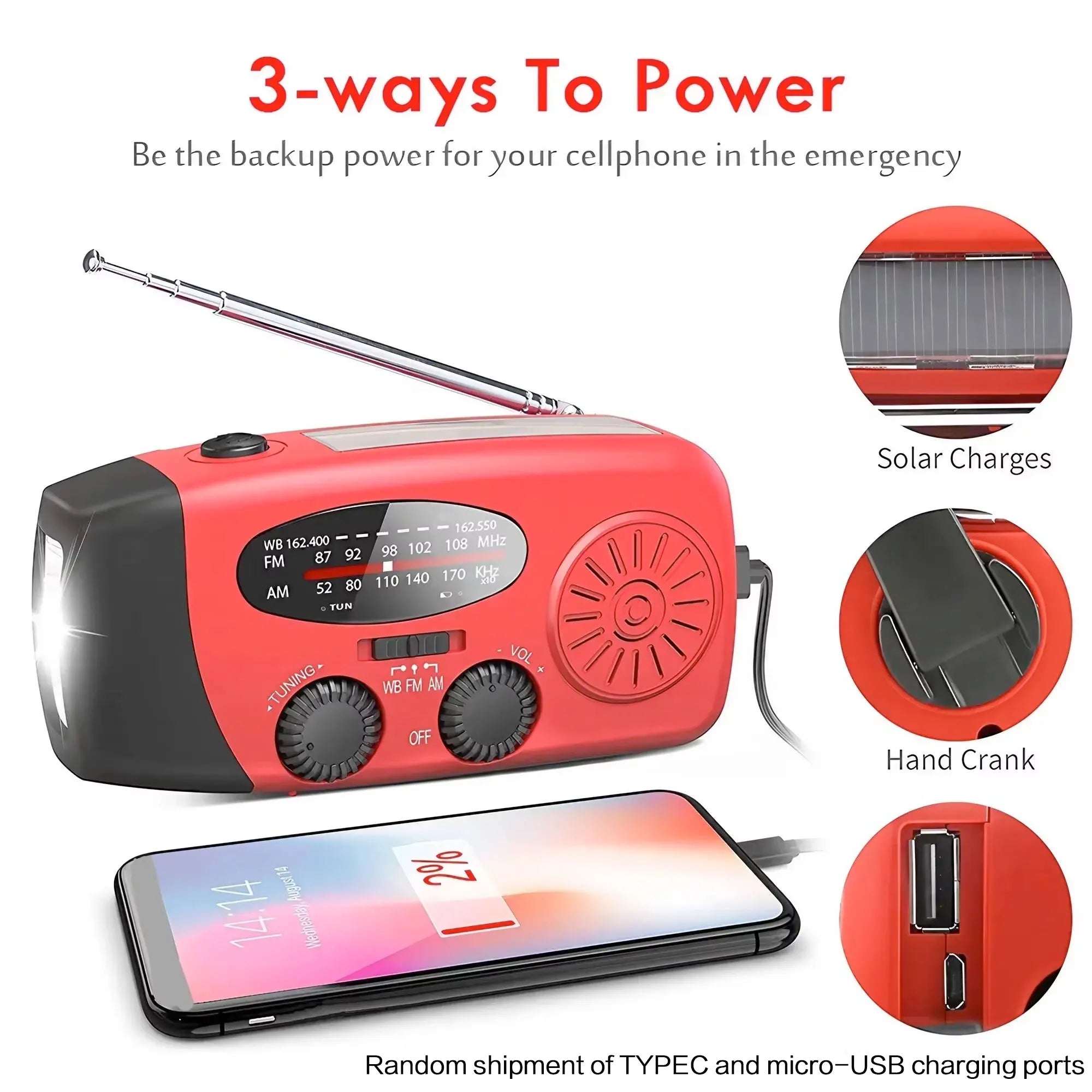 Weather Radio Emergency Multifunctional Radio FM AM WB Hand Crank Solar USB Charging 2000mAh Power Bank LED Flashlight Torch