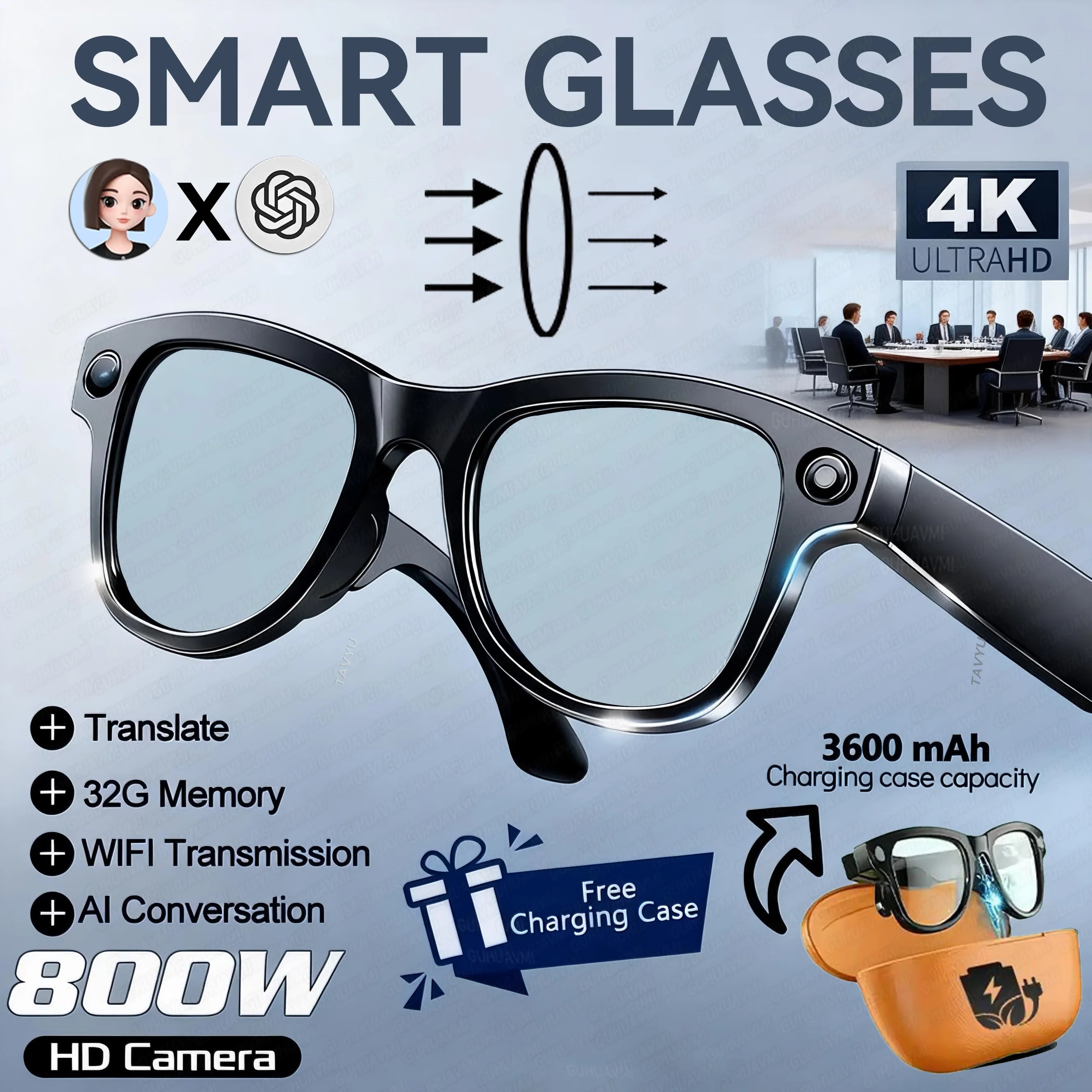 Óculos inteligentes 2026 com AI 1080p, câmera HD, M02, Ultra, ChatGPT, estojo de carregamento de 3600 mAh, banco de energia, 32 GB, tradução, música, vídeo, óculos de sol