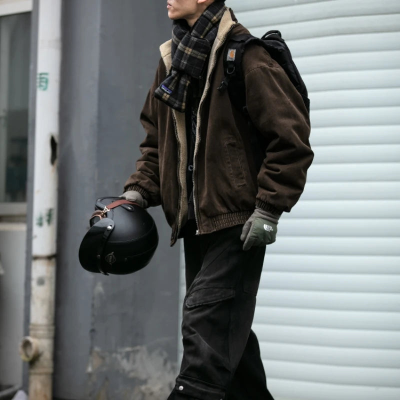 Japanese Vintage Polar Fleece Jacket Men Winter High Quality Thick Jacket Korean Streetwear Loose Couple Trendy Warm Coat Male