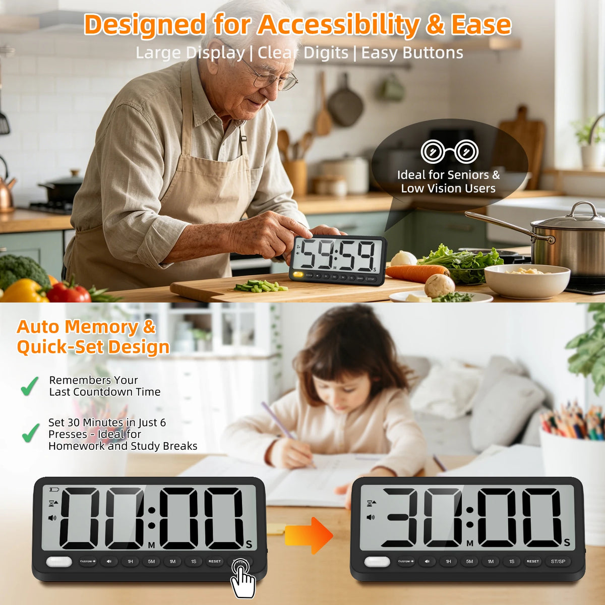 7.6 Inch Digital Kitchen Timer with Memory and Silent Mode