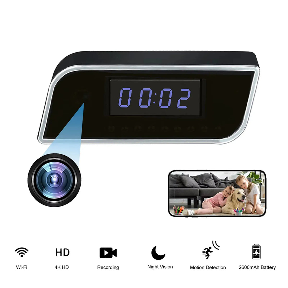 FHD Clock Camera FHD WiFi Camera Clock Indoor Wireless Security Camera with LED Time Display Motion Detection WiFi Camera Clock