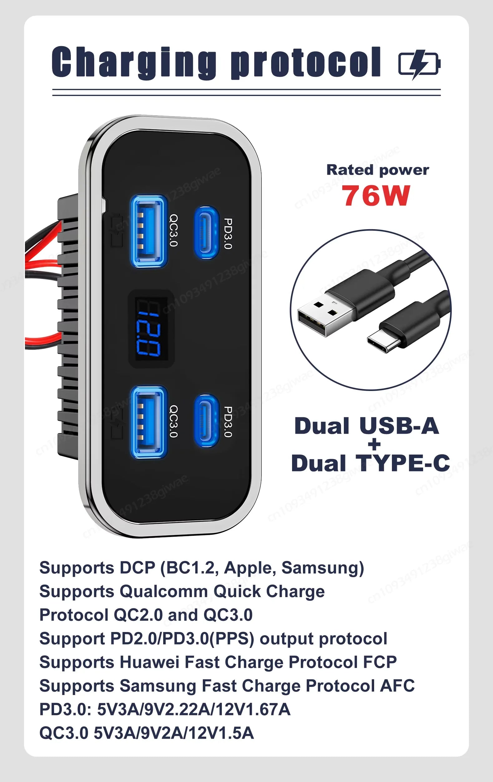 NOVO Carregador de Parede com 4 Portas USB 12-24V para RV, Carregamento Rápido para Carro, Duplo PD3.0 e Duplo QC3.0, Acessórios para Autocarro, Barco e Camião