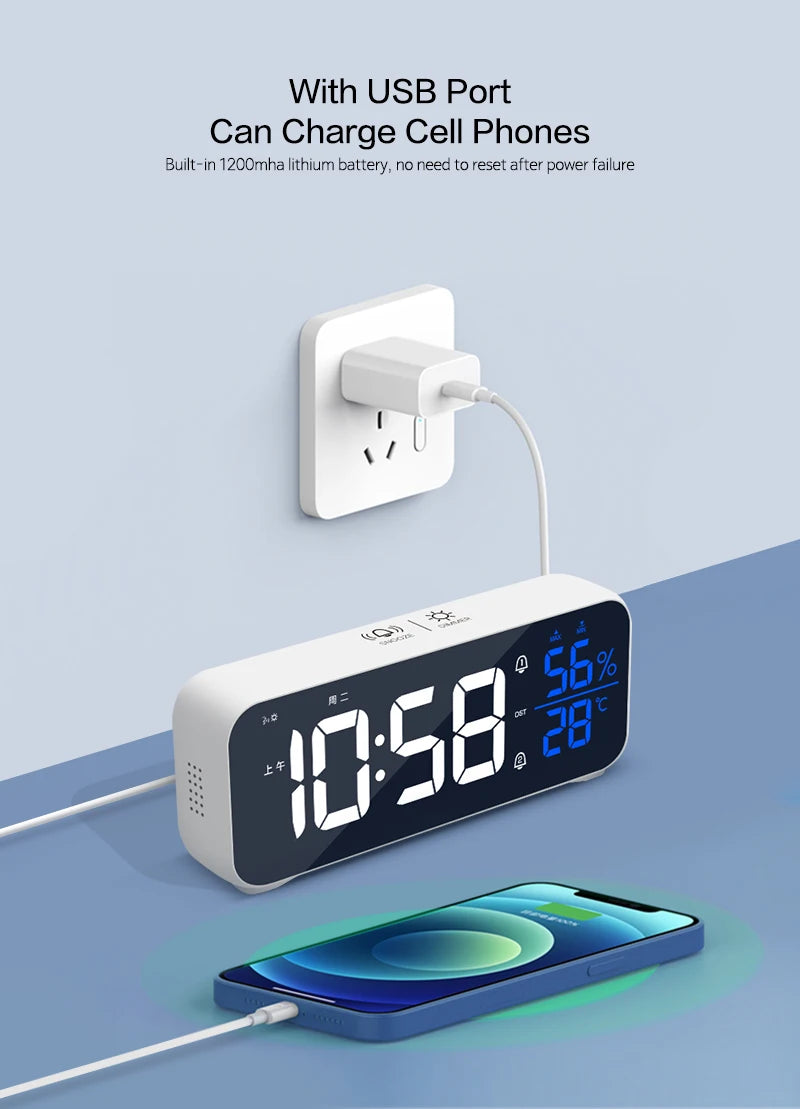 Digital Alarm Clock with Temperature, Dual Alarms & LED Display