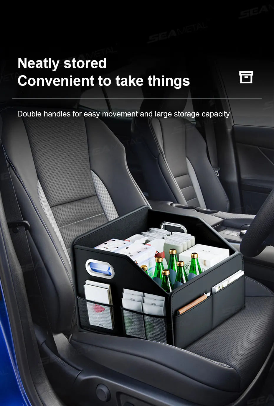 SEAMETAL Foldable Car Trunk Organizer Wear-Resistant Waterproof Car Storage Box with 6-Pocket 22.5L Large Capacity Organizer