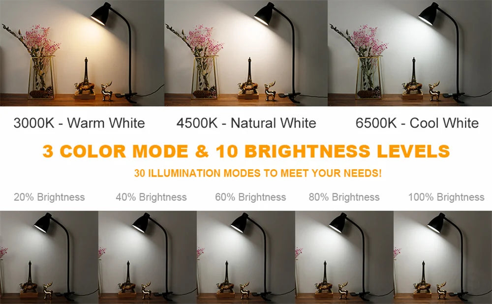 Clamp Desk Lamp, Clip on Reading Light, 3000K-6500K Adjustable Color Temperature Eye-Caring for Home Office Bedside Reading