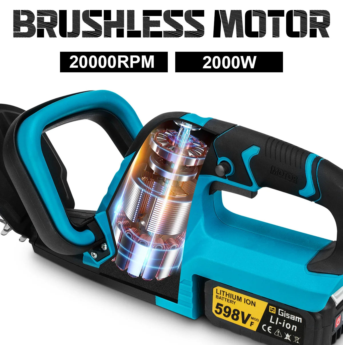 Gisam Fırçasız Elektrikli Çit Budama Makinesi 20000RPM Kablosuz 510mm