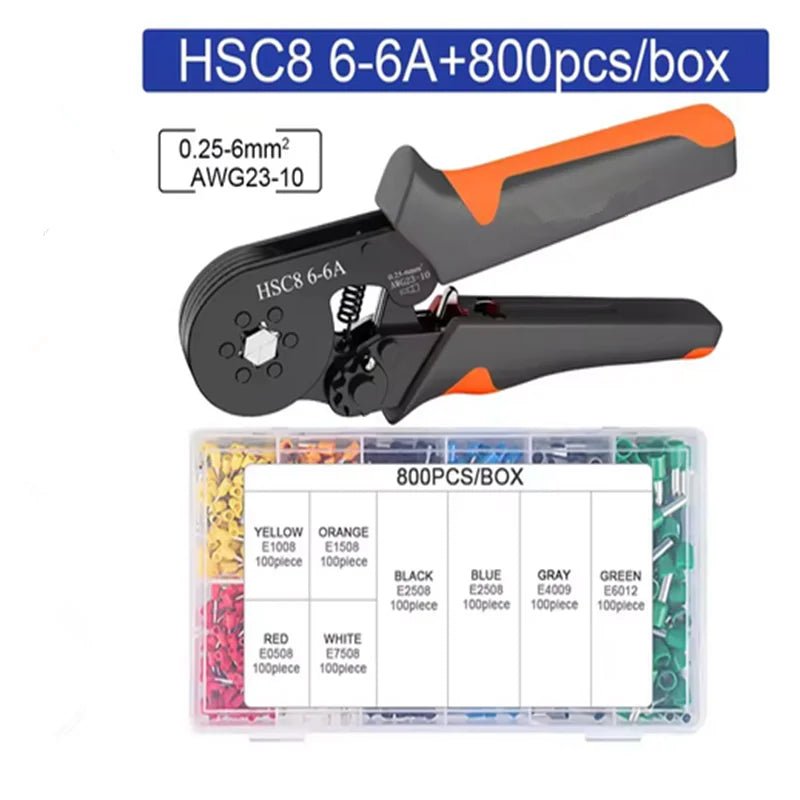Hexagonal Self-Adjustable Ratchet Ferrule Crimping Tool Kit 23-10AWG 0.25-6mm² Crimper Kit with 400-2000pcs Wire Terminals