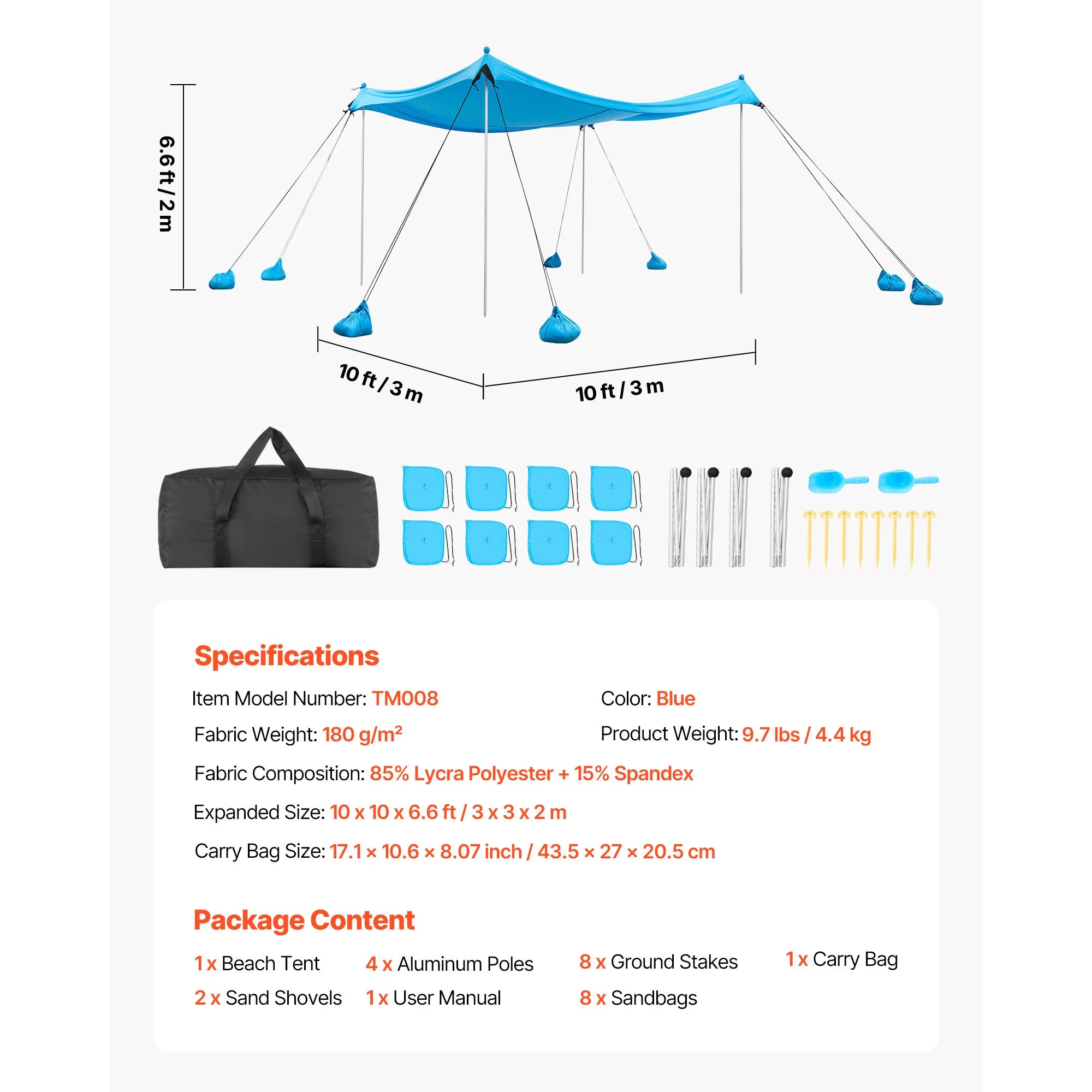 Tente de plage abri solaire UPF50+ auvent pop-up pour 3 à 4 personnes