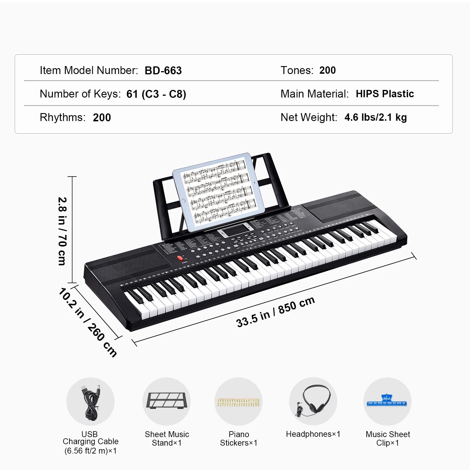 61-Key Digital Keyboard Piano with 200–600 Tones for Beginners