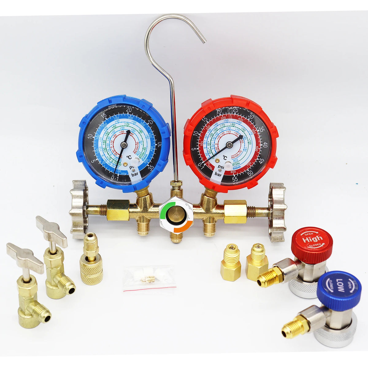 Für R410A R22 R134a R404A Set Klimaanlagen-Manometer-Verteilermessgerät mit Schlauch und Haken