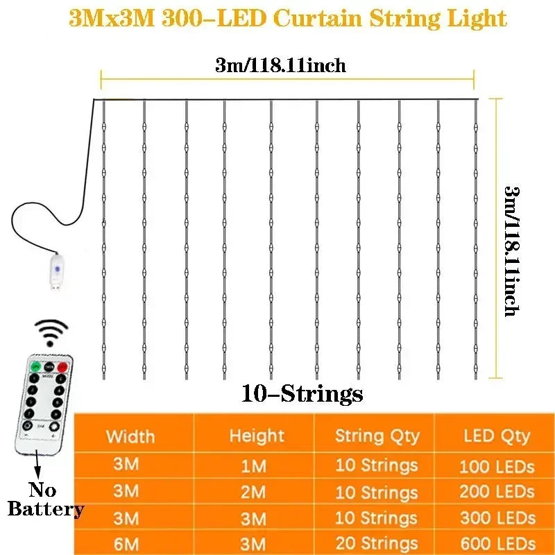 Cortina de luzes LED decorativas USB, 8 modos, vários tamanhos