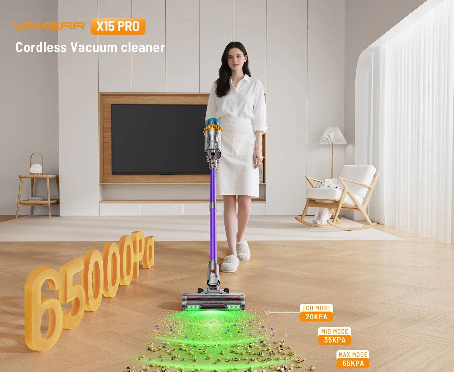 650W Cordless Vacuum Cleaner 65KPA Strong Suction for Pet Hair and Carpet