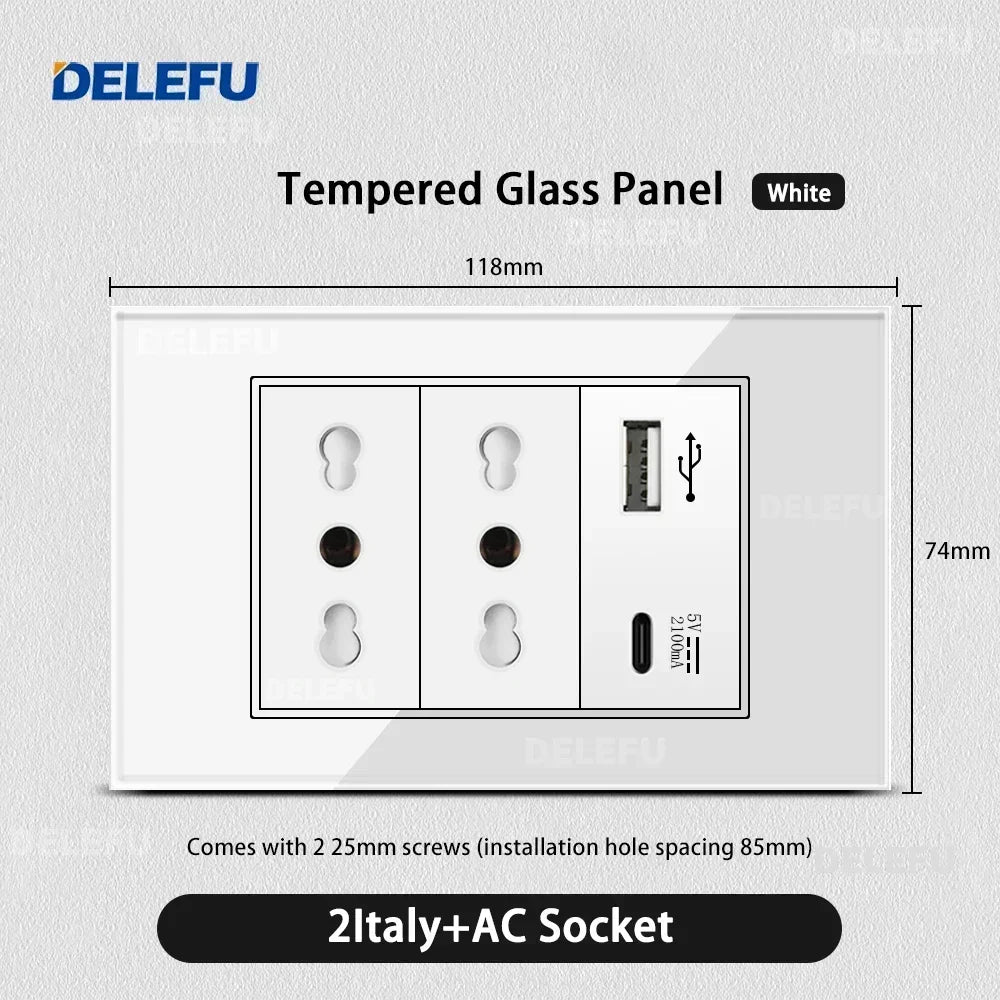 DELEFU White Tempered Glass Italy USB TypeC Fast Charging Wall Socket Schuko Tuya Wifi Smart Switch Sat TV Tel Doorbell Chile