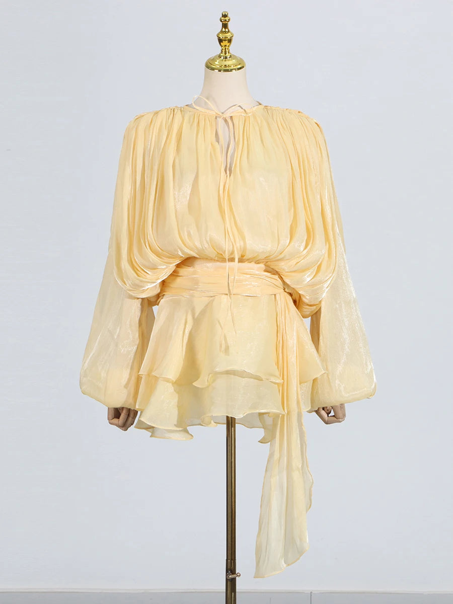 GALCAUR Solid Loose Splicd Lace Up Dresses For Women V Neck Long Sleeves Patchwork Ruffles Tunic Dreses Female Fashio New