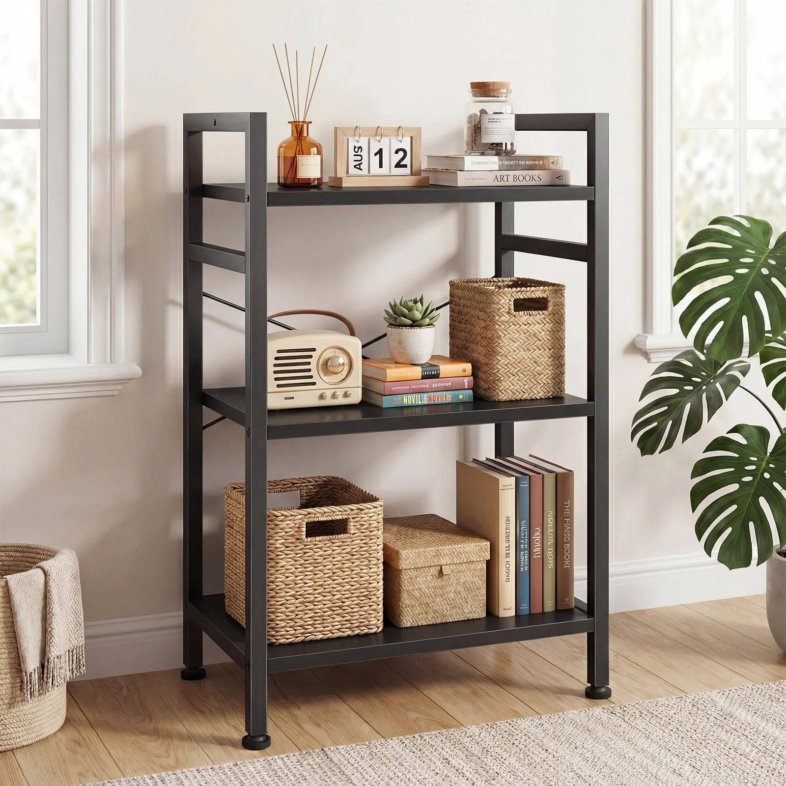 5 Tier Wooden Bookshelf with Metal Frame Tall Storage Display Shelf