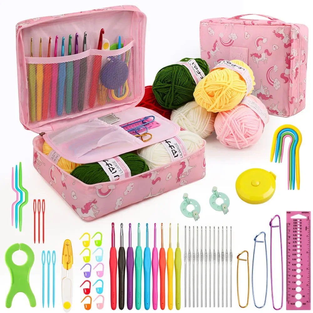 KOVEEN 59Pcs/Set Portable Crochet Knitting Set DIY Beginner Crochet Hook Kit With Storage Bag Material Pack and Storage Tools