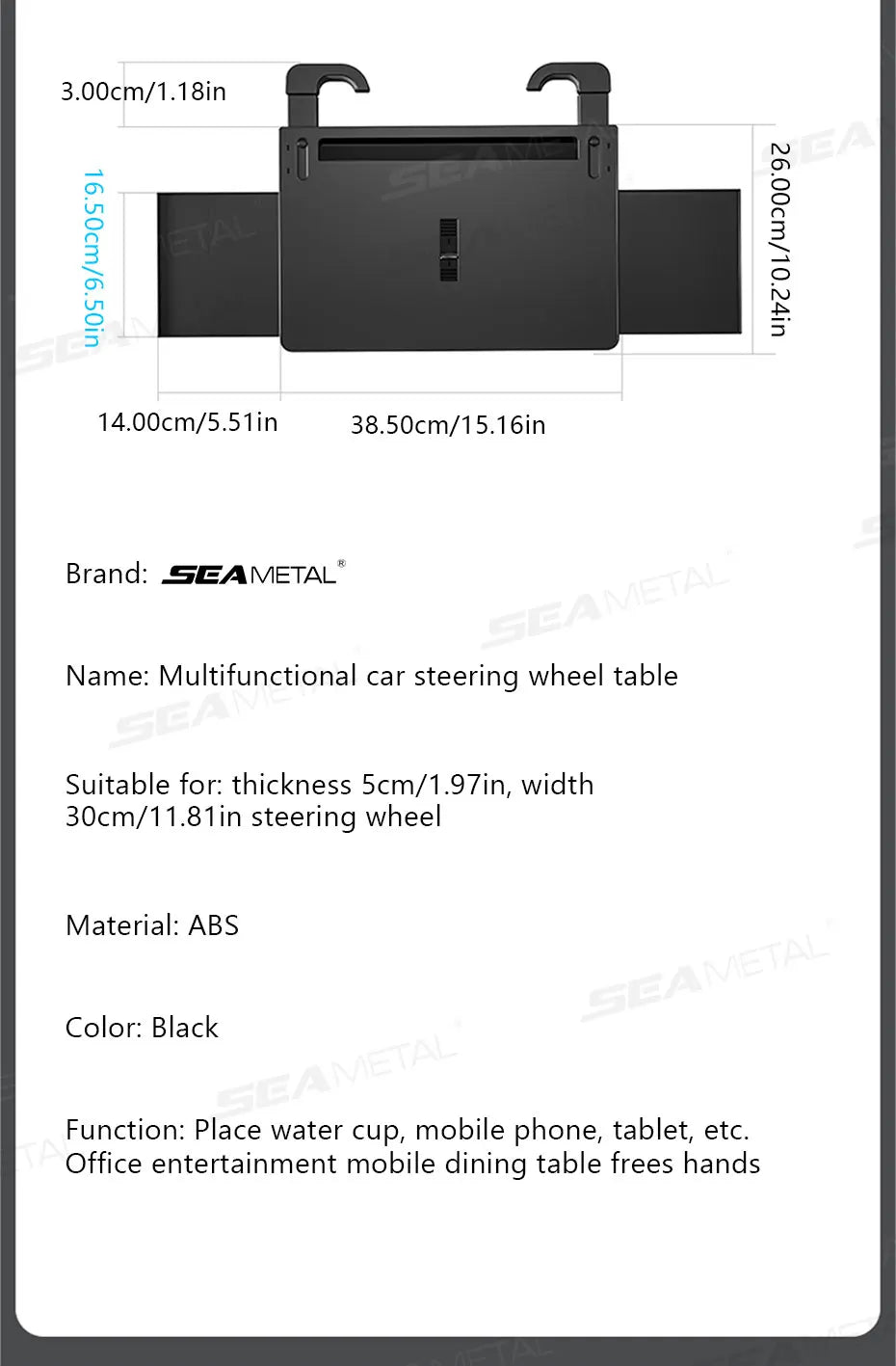 SEAMETAL Extendable Steering Wheel Tray Car Temporary Tray for Driver Adjustable Silicone Anti Slip Clip Foldable Hidden Tray