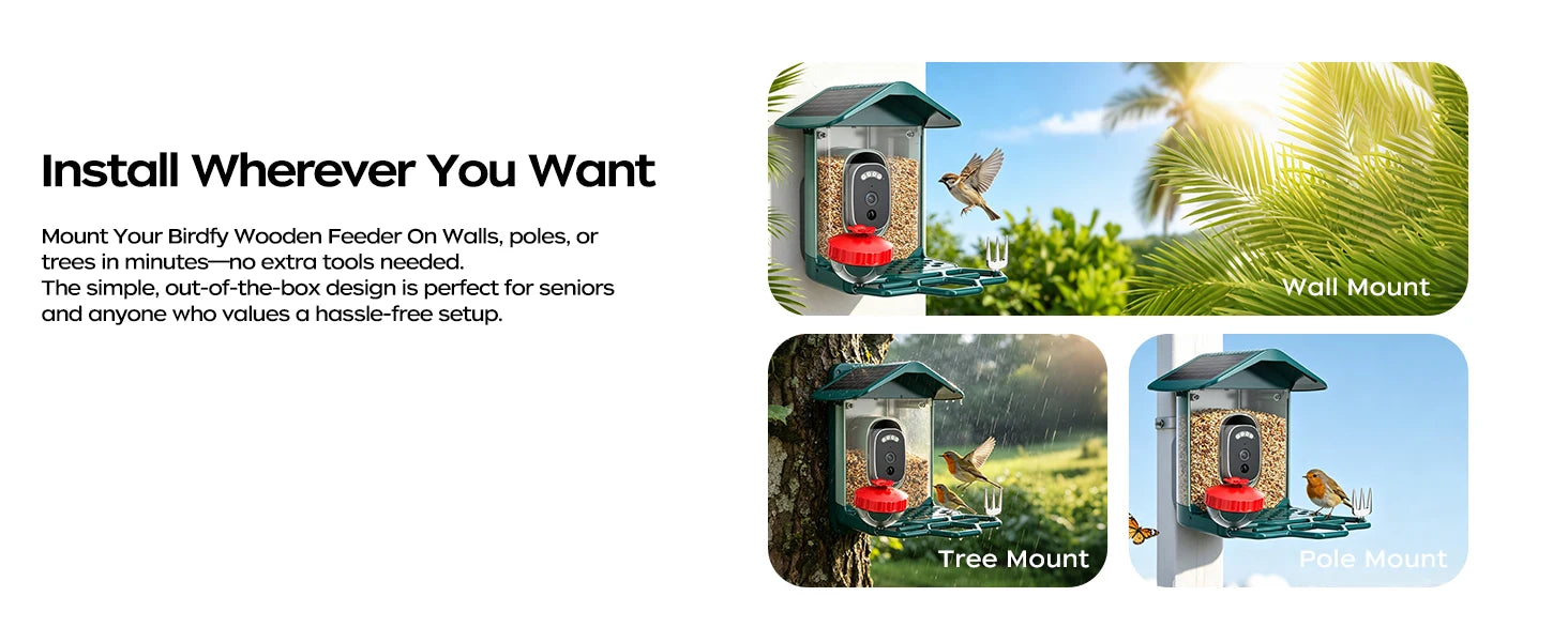Solar Powered Bird Feeder Camera with 2K Night Vision