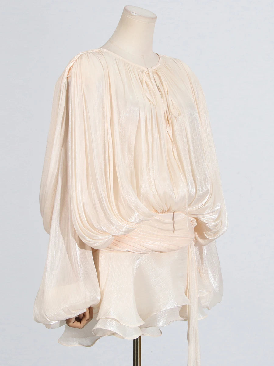 GALCAUR Solid Loose Splicd Lace Up Dresses For Women V Neck Long Sleeves Patchwork Ruffles Tunic Dreses Female Fashio New