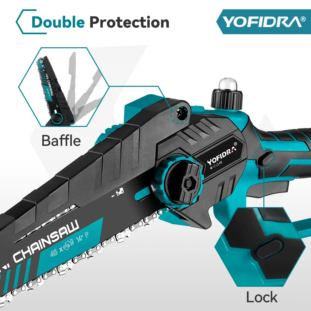 YOFIDRA 8 Inch Brushless Electric Chainsaw Cordless Rechargeable Garden Woodworking Cutting Power Tools For Makita Battery Pin