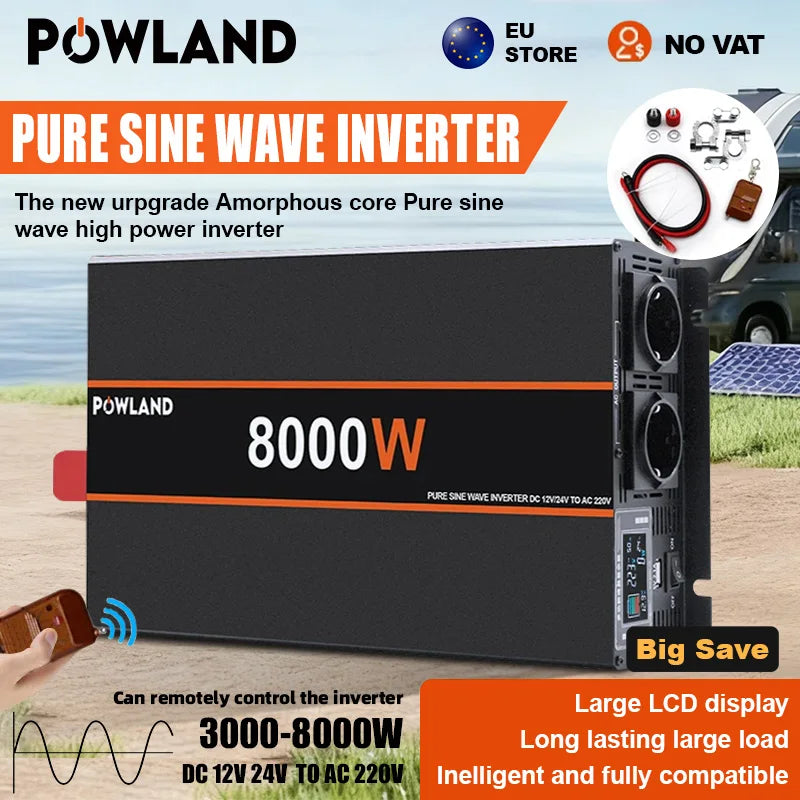 POWLAND Pure Sine Wave Inverter 8KW 6KW 5KW 4KW 3KW DC 12V 24V To AC 220V 50Hz Portable Power Converter With Remote Controller